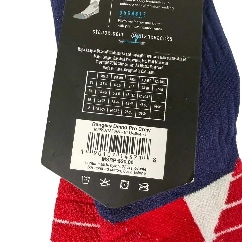 Stance Texas Rangers MLB Diamond Pro Crew Baseball Socks Blue Red Large NEW